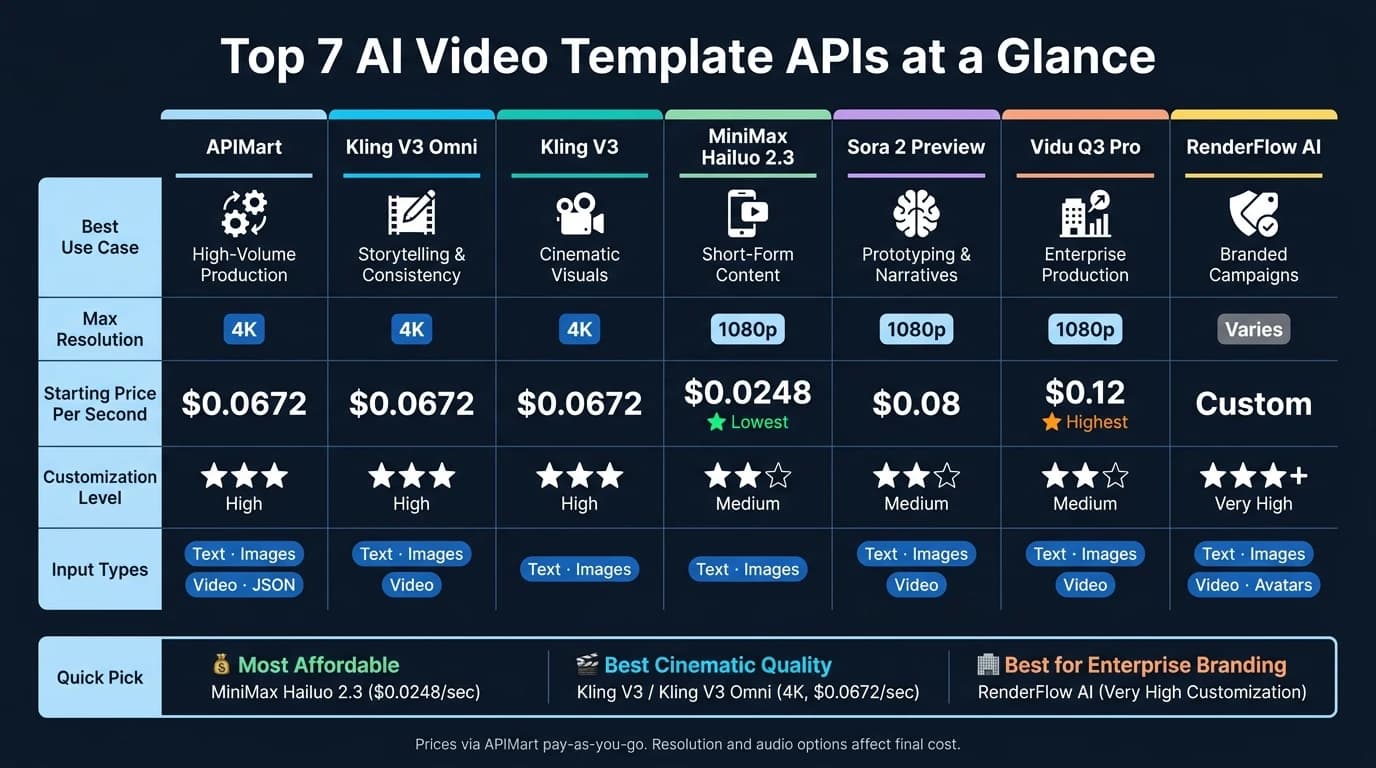 AI動画テンプレートAPIトップ7徹底比較：価格・解像度・用途