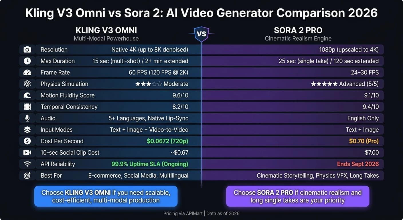 Kling V3 Omni vs Sora 2: AI Video Generator Comparison 2026