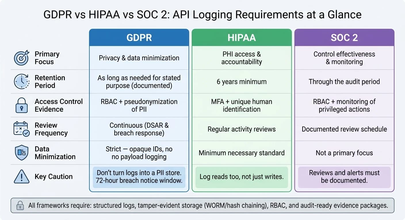 GDPR vs HIPAA vs SOC 2: API 로깅 요구사항 한눈에 보기