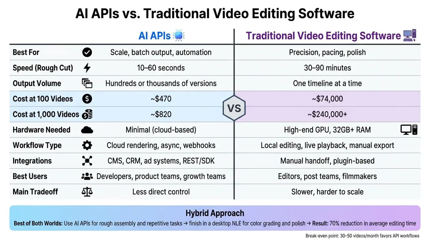 AI APIs vs. Traditional Video Editing Software: Key Differences at a Glance
