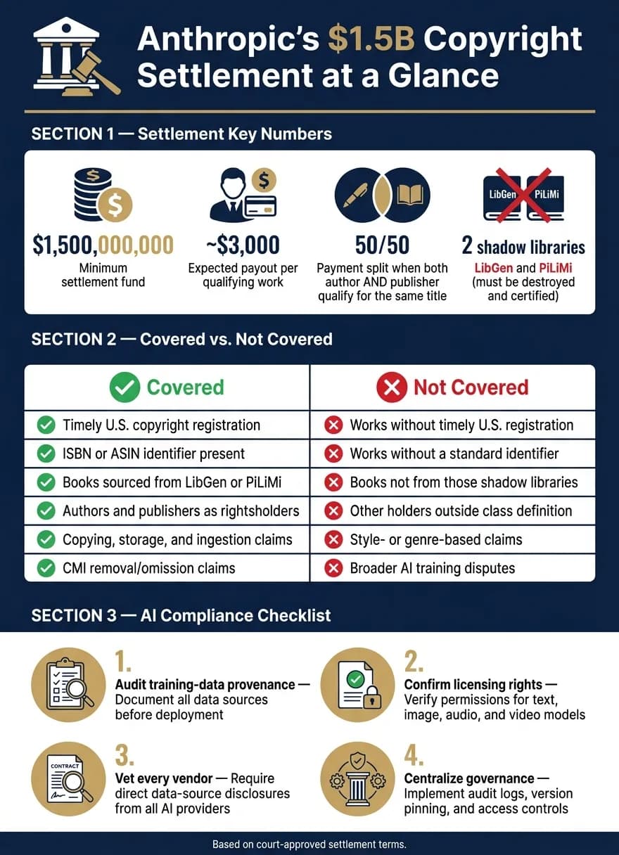 Anthropic $1.5B Copyright Settlement: What's Covered vs. Not Covered & AI Compliance Checklist