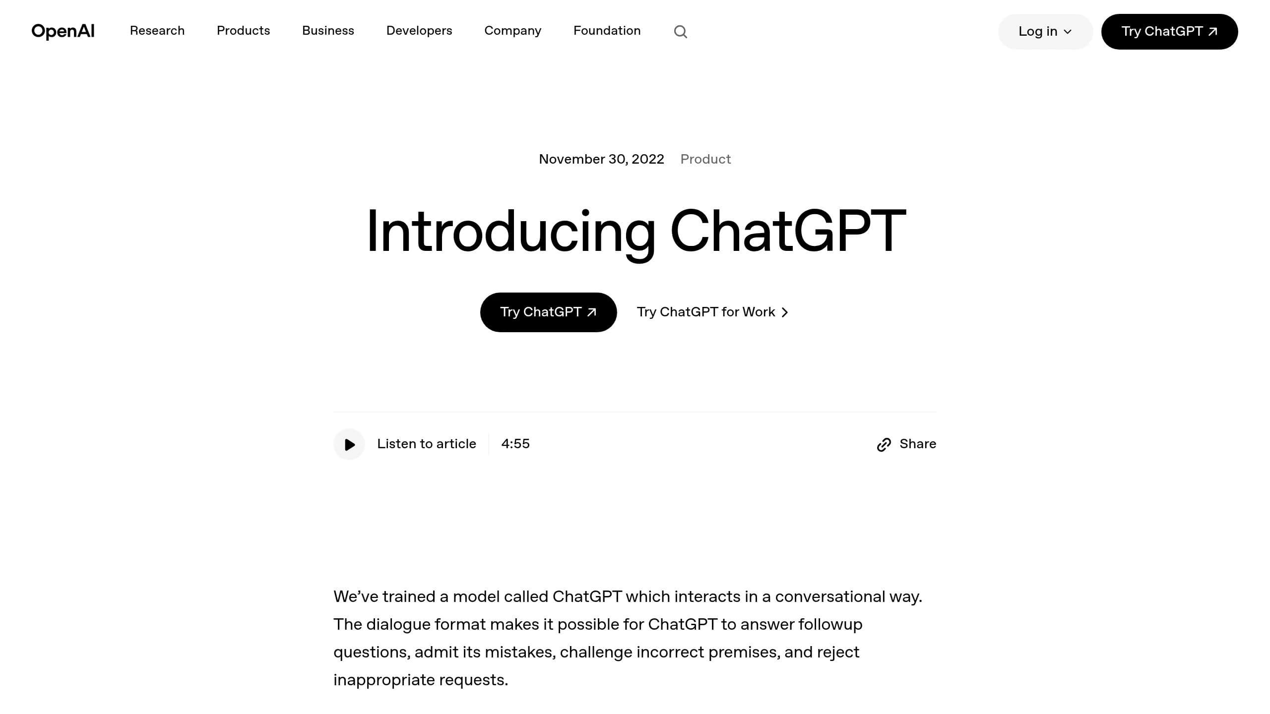 Introducing ChatGPT page on the OpenAI website