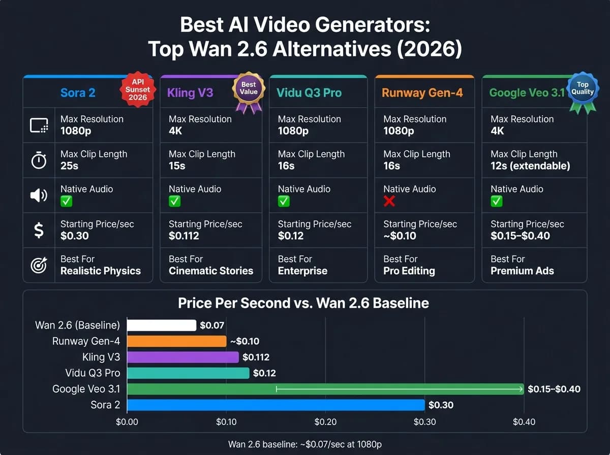 2026 年最佳 AI 视频生成器对比:Wan 2.6 替代方案
