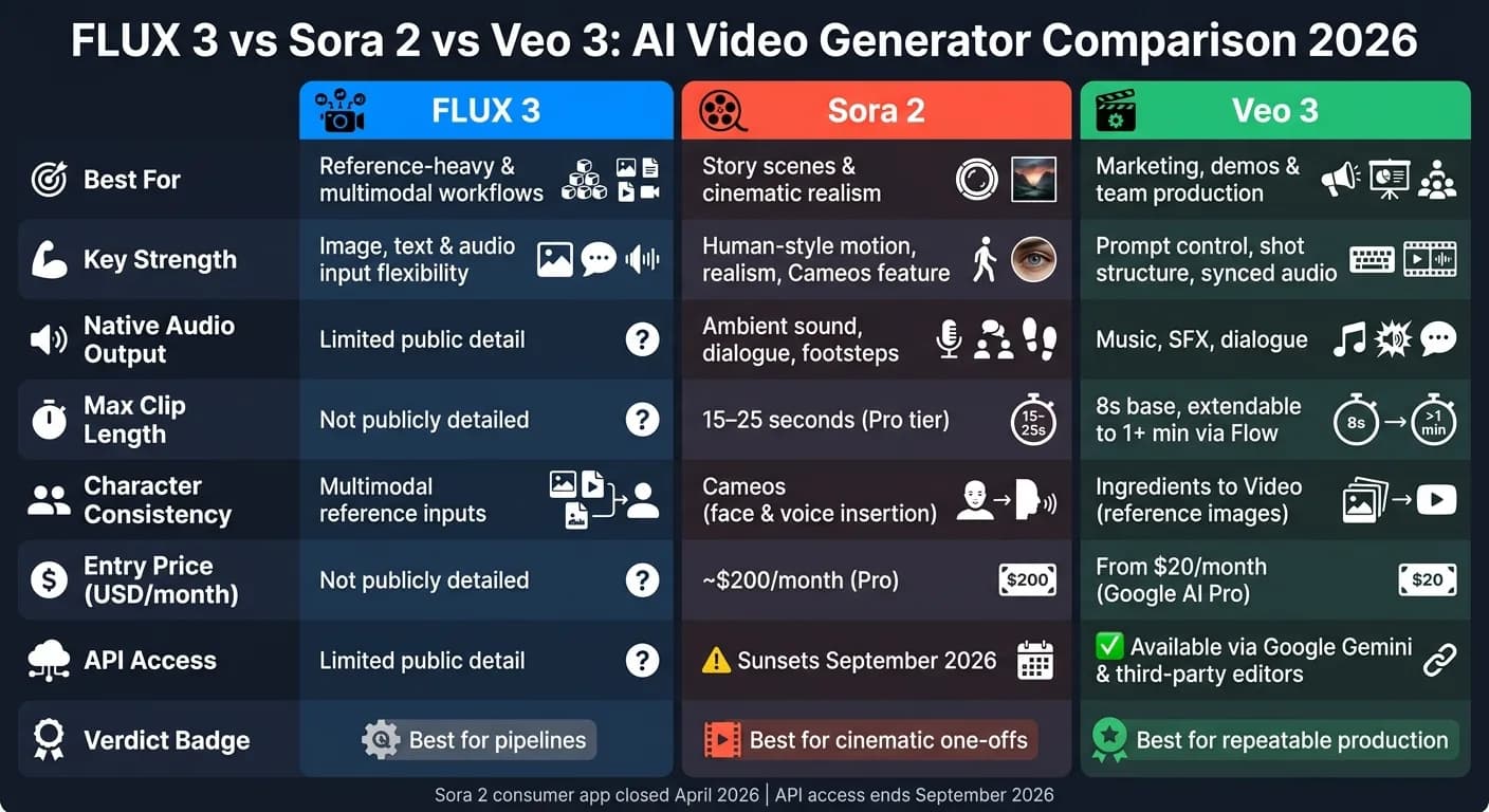 FLUX 3、Sora 2 与 Veo 3 对比:2026 年 AI 视频生成器比较