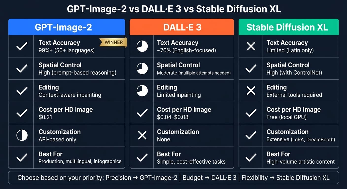 GPT-Image-2 vs DALL·E 3 vs Stable Diffusion XL の機能比較チャート