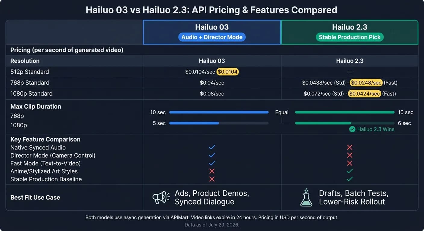 Hailuo 03 vs Hailuo 2.3: API Pricing & Features Compared