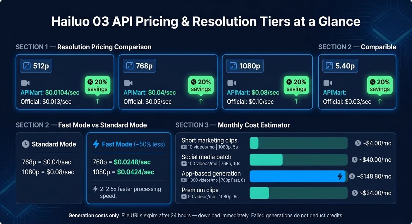 Hailuo 03 API Pricing & Resolution Tiers at a Glance