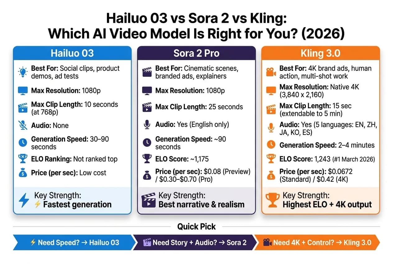 Hailuo 03 vs Sora 2 vs Kling: AI Video Model Comparison 2026