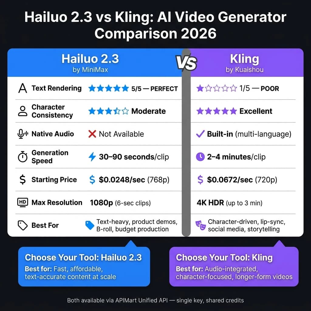 Hailuo 2.3 vs Kling: AI Video Generator Comparison 2026