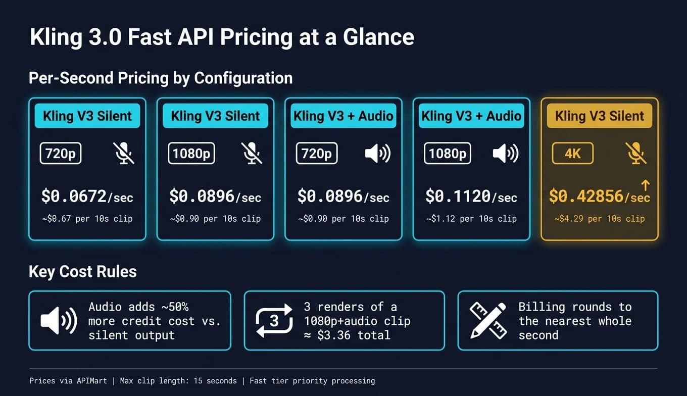 Kling 3.0 Fast API 가격:해상도 및 오디오별 비용 (2026)