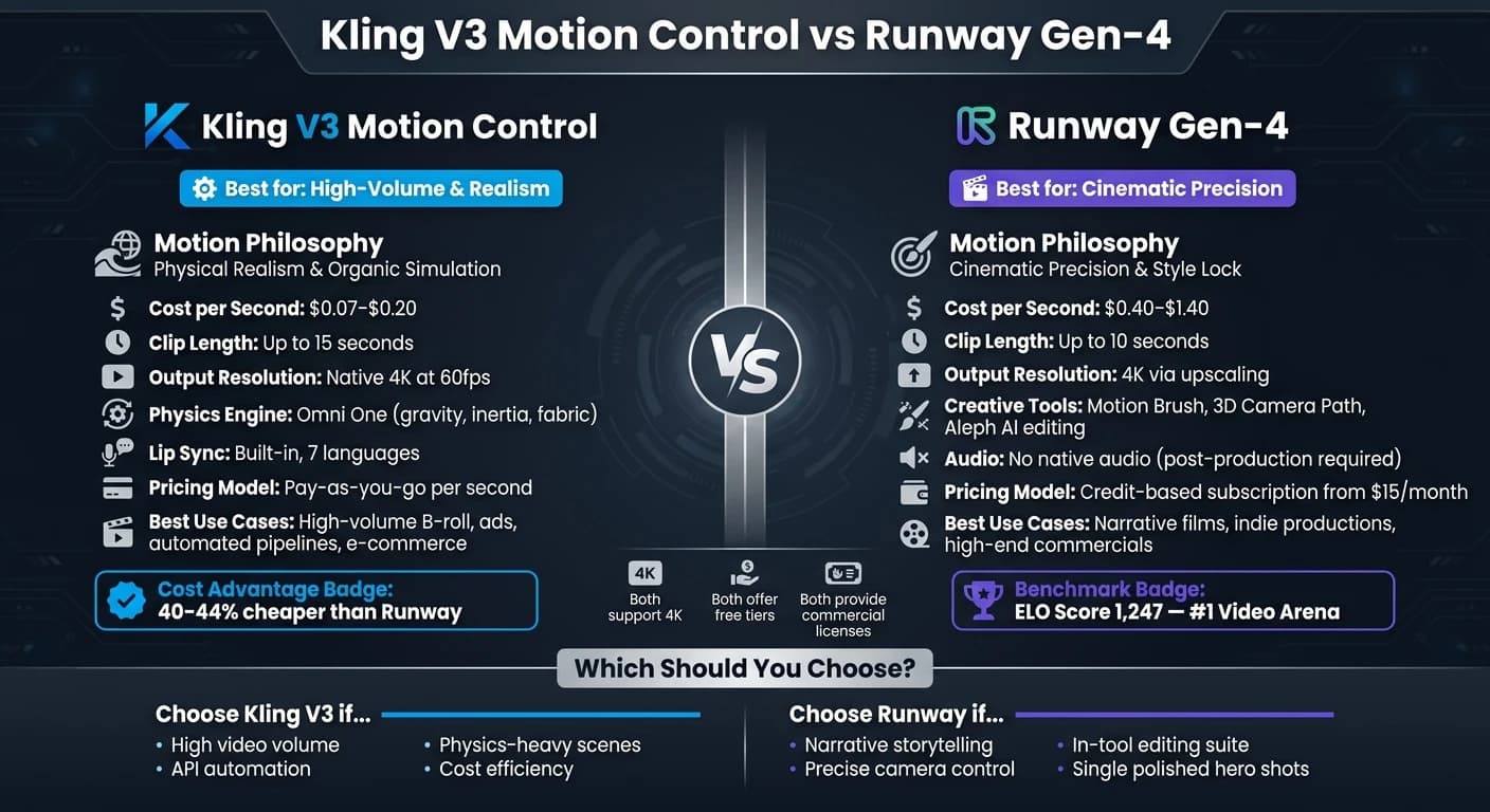 Kling V3 vs Runway Gen-4: 모션 컨트롤 AI 비교