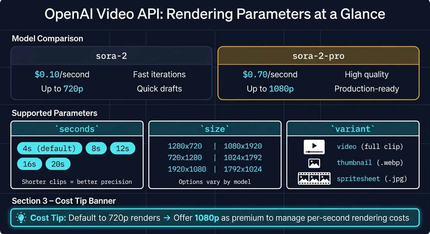 OpenAI Video API: sora-2 と sora-2-pro モデルの比較とレンダリングパラメータ