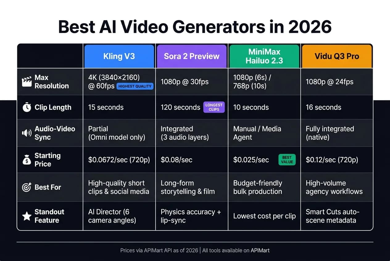 AI Video Generator Comparison 2026: Kling V3 vs Sora 2 vs Hailuo 2.3 vs Vidu Q3 Pro