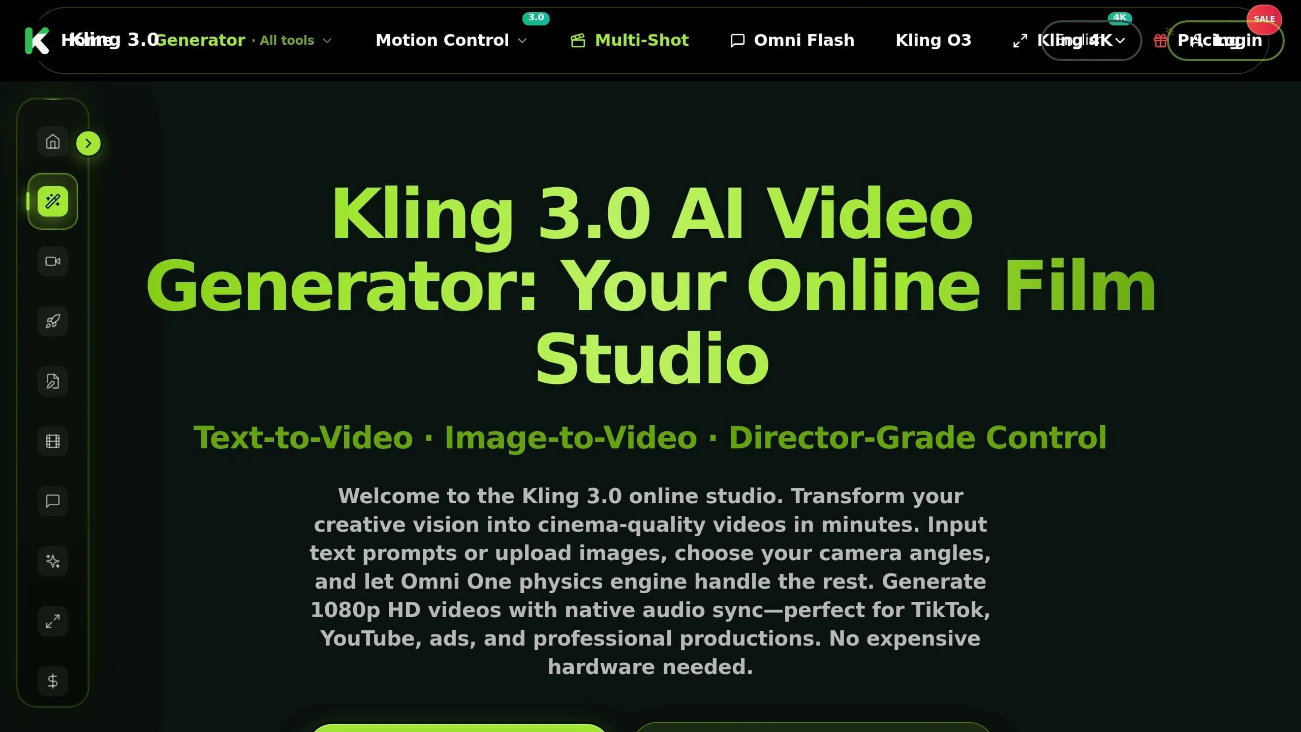 Kling V3 AI video generator interface showing 4K text-to-video generation