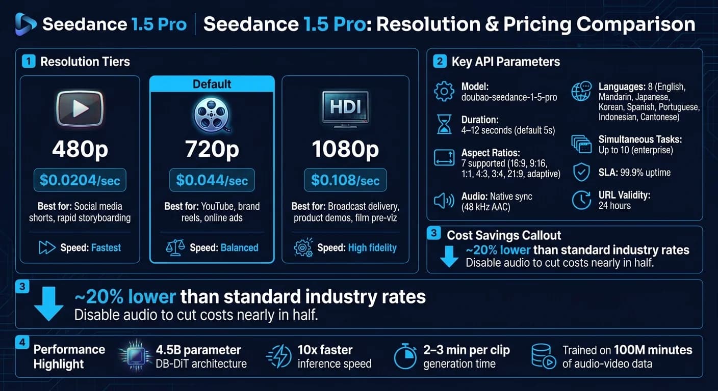 Seedance 1.5 Pro pricing, resolutions and key specs at a glance