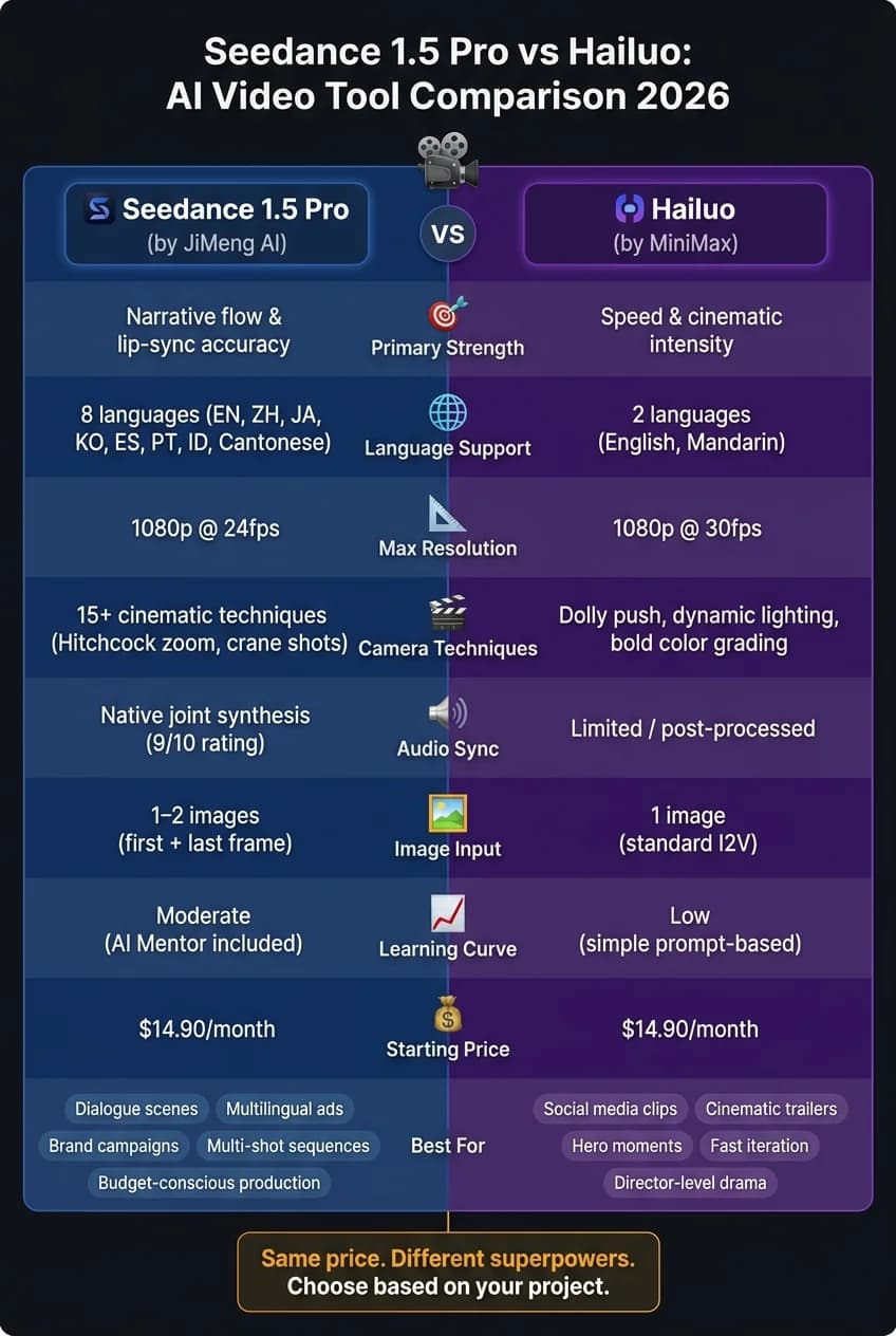 Seedance 1.5 Pro vs Hailuo AI video tool comparison chart for 2026