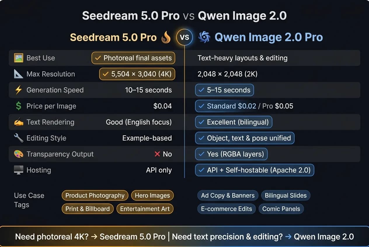 Seedream 5.0 Pro vs Qwen Image 2.0:横並び比較