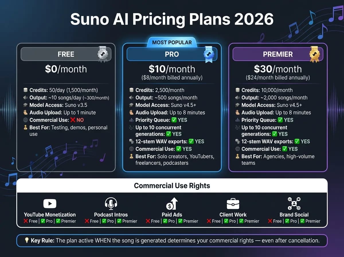 Suno AI Pricing Plans 2026: Free vs Pro vs Premier