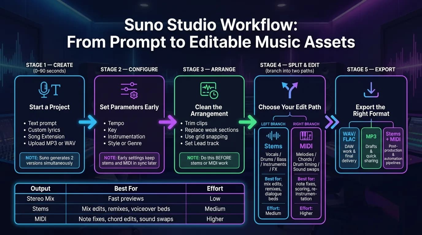 Suno Studio ワークフロー:プロンプトから編集可能な音楽アセットまで