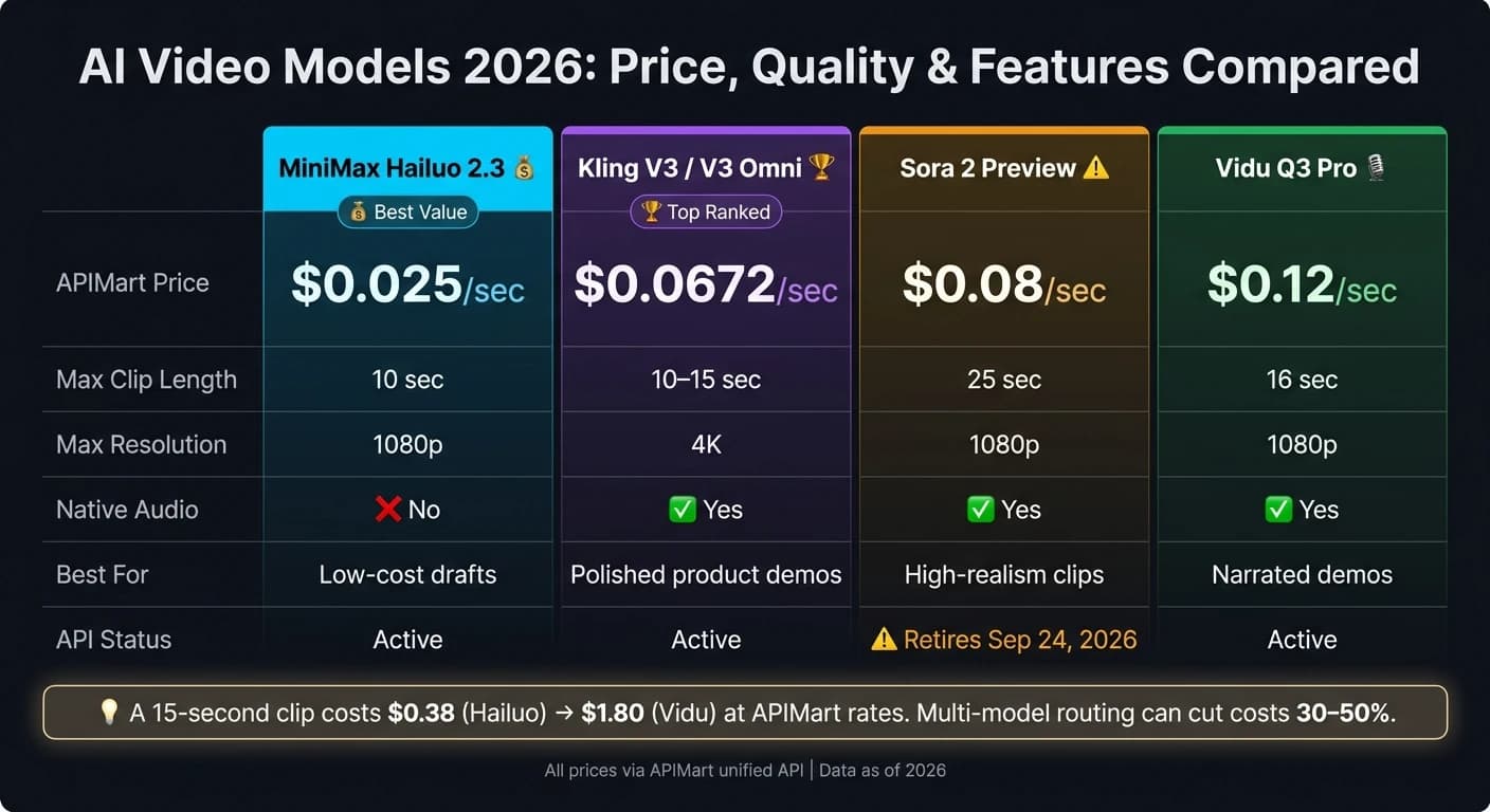 AI Video Models 2026: Price, Quality & Features Compared